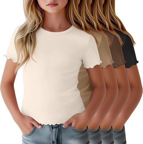 4 Pack Girls Short Sleeve T-Shirts Kids Summer Tops Crewneck Lettuce Trim Slim Fit Comfy Casual Tees 5-16 Years in Saudi Arabia