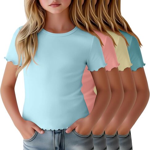 4 Pack Girls Short Sleeve T-Shirts Kids Summer Tops Crewneck Lettuce Trim Slim Fit Comfy Casual Tees 5-16 Years in Saudi Arabia