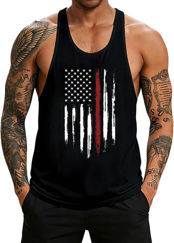 Mens American Flag Tank Top Y-Back Muscle Stringer Sleeveless Graphic Workout Tee Shirts in Saudi Arabia
