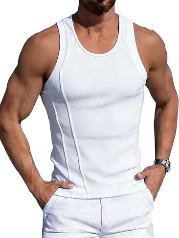 Mens Casual Ribbed Tank Tops Crew Neck Knitted Sleeveless Muscle T Shirts Summer Beach Tops in Saudi Arabia