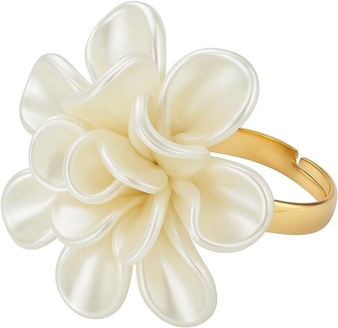 Flower Statement Ring for Women, White Mother of Pearl Floral Ring, Adjustable Gold Tone Open Band Ring, Elegant Everyday Jewelry in Saudi Arabia