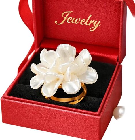 Flower Statement Ring for Women, White Mother of Pearl Floral Ring, Adjustable Gold Tone Open Band Ring, Elegant Everyday Jewelry in Saudi Arabia