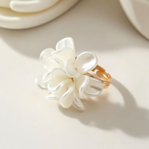 Flower Statement Ring for Women, White Mother of Pearl Floral Ring, Adjustable Gold Tone Open Band Ring, Elegant Everyday Jewelry in Saudi Arabia