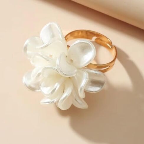 Flower Statement Ring for Women, White Mother of Pearl Floral Ring, Adjustable Gold Tone Open Band Ring, Elegant Everyday Jewelry in Saudi Arabia