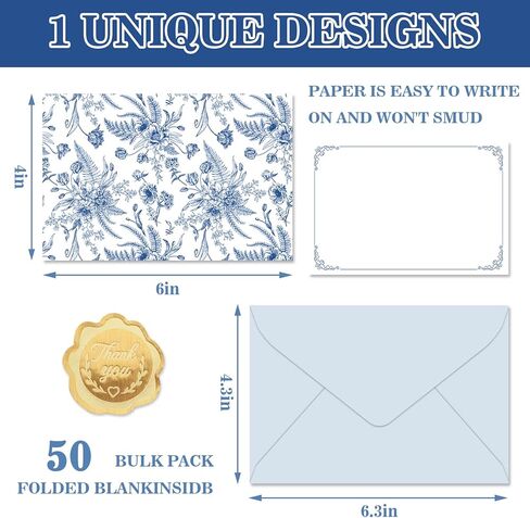 Whaline 50 Pack Flower Stationery Cards with Envelopes Blank Thank You Note Cards Blue White Floral Print Greeting Card for Baby Shower Birthday Invitations Supplies in Saudi Arabia