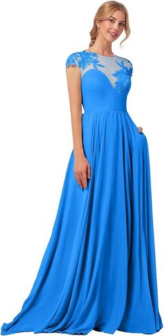 Long Mother of Bride Dresses Flowy Lace Formal Dresses for Wedding Guest Chiffon A Line Prom Dresses with Pockets in Saudi Arabia