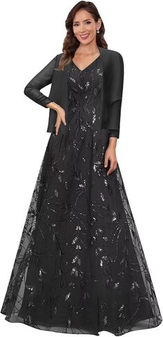 Women's 2 Piece Sequin Lace Mother of The Bride Dresses with Jacket Sparkly Formal Wedding Guest Dress in Saudi Arabia