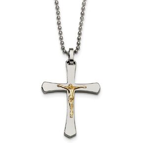 Stainless Steel Real 14kt Gold Accent Crucifix Pendant Necklace; 22 inch in Kuwait