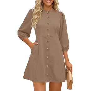 فساتين Wenrine النسائية القصيرة الصيفية كاجوال بياقة مستديرة 3/4 وأكمام واسعة وأزرار سفلية على شكل حرف A للعمل in Kuwait