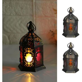 عبوتان من فانوس الشموع على الطراز المغربي، حامل شموع صغير مع ألواح زجاجية على شكل زهرة شفافة، فانوس معلق في الهواء الطلق لرمضان، مصباح معدني مزخرف للفناء وحفلات الزفاف 6.5 بوصة (أسود) in Kuwait