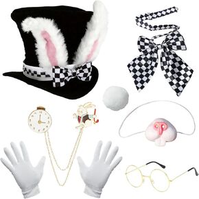 7 قطع عيد الفصح الأرنب الأبيض زي مجموعة للكبار عيد الفصح الأرنب الأذن أعلى قبعة القوس التعادل قفازات النظارات أرنب ساعة دبوس أرنب الأنف ذيل لجميع القديسين عيد الفصح تأثيري in Kuwait