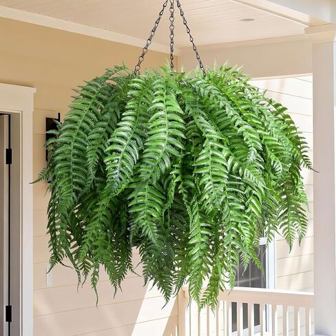Artificial Hanging Plants Outdoor, UV Resistant Fake Fern Faux Greenery for Outside Planter Patio Home Garden Decor (5 Branches&1 Basket) in Saudi Arabia