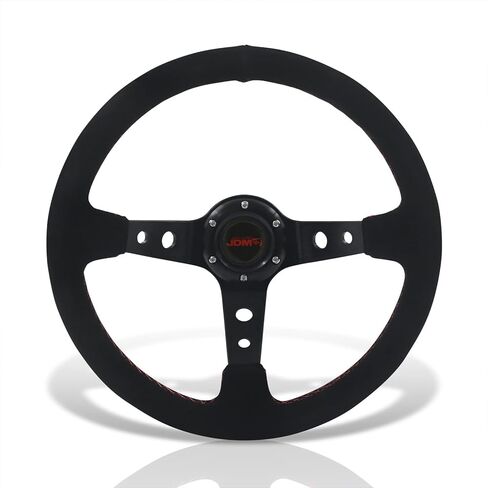 موزعي AJP JDM Sport Universal 350 مم 14 بوصة جميع الجلد السويدي الأسود 6 فتحات مسامير عجلة القيادة خياطة حمراء خفيفة الوزن من الألومنيوم المتحدث العميق للطبق + زر القرن الانجراف استبدال in Kuwait