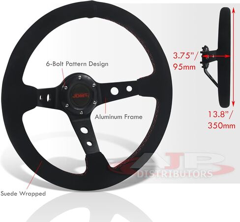 موزعي AJP JDM Sport Universal 350 مم 14 بوصة جميع الجلد السويدي الأسود 6 فتحات مسامير عجلة القيادة خياطة حمراء خفيفة الوزن من الألومنيوم المتحدث العميق للطبق + زر القرن الانجراف استبدال in Kuwait