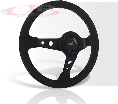 موزعي AJP JDM Sport Universal 350 مم 14 بوصة جميع الجلد السويدي الأسود 6 فتحات مسامير عجلة القيادة خياطة حمراء خفيفة الوزن من الألومنيوم المتحدث العميق للطبق + زر القرن الانجراف استبدال in Kuwait