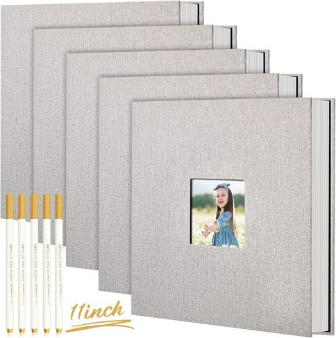 5 Pcs 11 x 10.6 Inch Large Photo Album Self Adhesive Scrapbook Album 40 Blank Pages DIY Linen Cover Memory Photo Book with 5 Metallic Pen for Pictures Wedding Family Travel, Light Gray in Kuwait