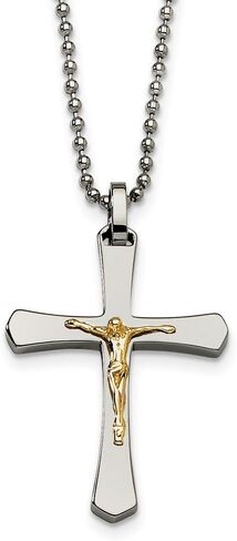 Stainless Steel Real 14kt Gold Accent Crucifix Pendant Necklace; 22 inch in Kuwait
