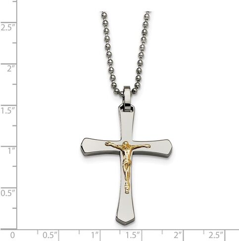 Stainless Steel Real 14kt Gold Accent Crucifix Pendant Necklace; 22 inch in Kuwait