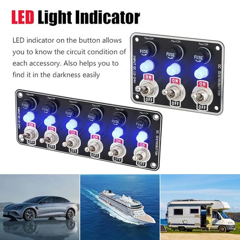 لوحة مفاتيح تبديل 6-Gang - مع مصهر 10 أمبير ومصباح مؤشر، مقاوم للماء والغبار، للسيارات والشاحنات والقوارب والمركبات الترفيهية 12 فولت/24 فولت in Kuwait