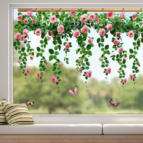 Pink Rose Vine Window Sticker Spring Summer Hanging Floral Window Clings Double Sided Peel and Stick PVC Vine Leaves Decal Glass Doors Decor for Party Home in Saudi Arabia