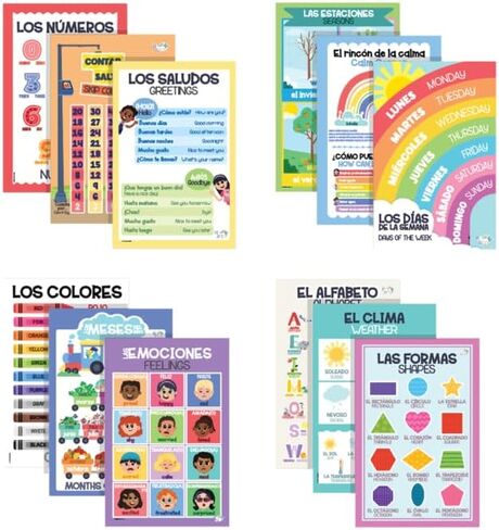 Bilingual Educational Posters for Kids – 12 Spanish & English Classroom Wall Charts – Alphabet Numbers Shapes Colors Feelings Weather Months Days – 11x17 Durable Learning Posters for Preschool in Saudi Arabia