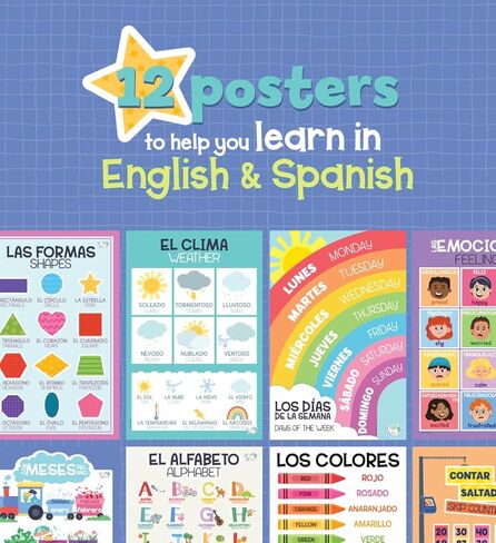 Bilingual Educational Posters for Kids – 12 Spanish & English Classroom Wall Charts – Alphabet Numbers Shapes Colors Feelings Weather Months Days – 11x17 Durable Learning Posters for Preschool in Saudi Arabia