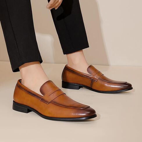 Penny Loafer for Men's Cap Toe Low Heel Comfort Classic Leather Dress Business Formal Shoes with Orthotic-Friendly Insole Fashion Pointed Toe Chunky Heel Wedding Work Tuxedo Shoes in Saudi Arabia
