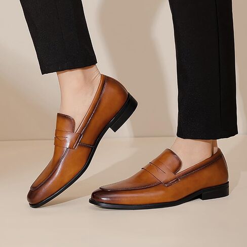 Penny Loafer for Men's Cap Toe Low Heel Comfort Classic Leather Dress Business Formal Shoes with Orthotic-Friendly Insole Fashion Pointed Toe Chunky Heel Wedding Work Tuxedo Shoes in Saudi Arabia