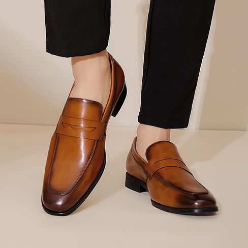 Penny Loafer for Men's Cap Toe Low Heel Comfort Classic Leather Dress Business Formal Shoes with Orthotic-Friendly Insole Fashion Pointed Toe Chunky Heel Wedding Work Tuxedo Shoes in Saudi Arabia