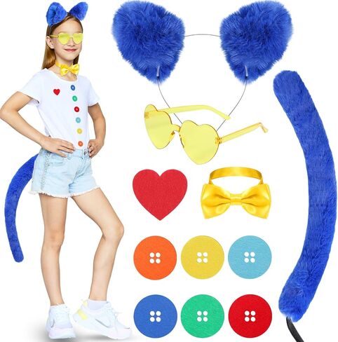 10 Pcs 100 Days of School Blue Cat Costume Accessories - Cat Ears Headband Fur Tails Glasses Bowtie Heart Button - Shaped Stickers for World Book Week Party Dress Up in Saudi Arabia