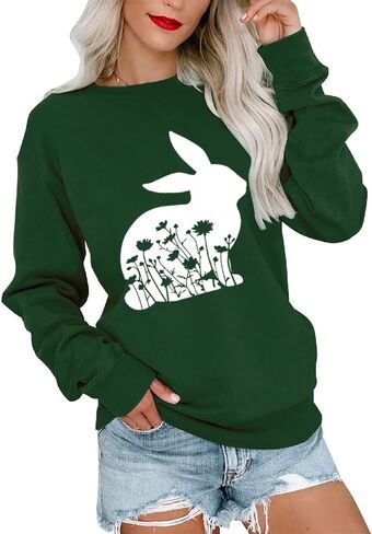 Flowers Rabbit Bunny Easter Sweatshirts for Women Long Sleeve Spring Tops Graphic Shirt Casual Pullover in Saudi Arabia