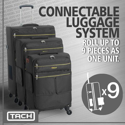 Tach LITE Soft Connectable 3 Piece Luggage Set - 22, 24 & 28 inch Luggage | Carry On, Medium & Large Checked Suitcases | Patented Built-In Connecting System | Rolling Suitcase Links 6 Bags (Black) in Saudi Arabia