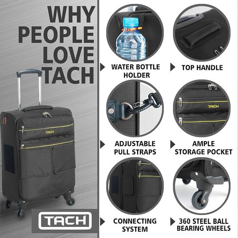 Tach LITE Soft Connectable 3 Piece Luggage Set - 22, 24 & 28 inch Luggage | Carry On, Medium & Large Checked Suitcases | Patented Built-In Connecting System | Rolling Suitcase Links 6 Bags (Black) in Saudi Arabia