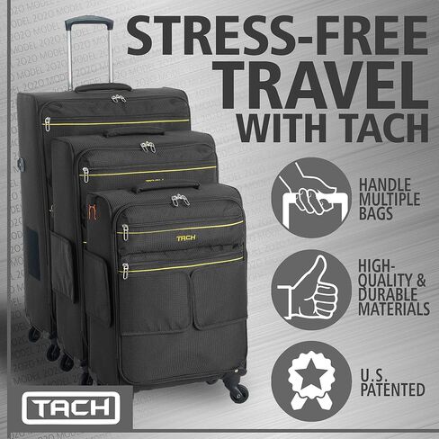 Tach LITE Soft Connectable 3 Piece Luggage Set - 22, 24 & 28 inch Luggage | Carry On, Medium & Large Checked Suitcases | Patented Built-In Connecting System | Rolling Suitcase Links 6 Bags (Black) in Saudi Arabia