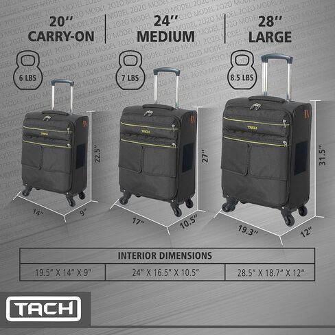 Tach LITE Soft Connectable 3 Piece Luggage Set - 22, 24 & 28 inch Luggage | Carry On, Medium & Large Checked Suitcases | Patented Built-In Connecting System | Rolling Suitcase Links 6 Bags (Black) in Saudi Arabia
