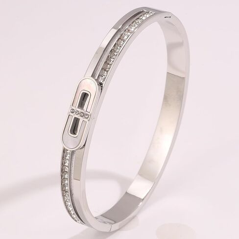 Stainless Steel Lock Buckle Rhinestone Charm Bangle Cuff Bracelets For Women Men Punk Waterproof Jewelry（Silver） in Saudi Arabia