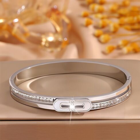 Stainless Steel Lock Buckle Rhinestone Charm Bangle Cuff Bracelets For Women Men Punk Waterproof Jewelry（Silver） in Saudi Arabia