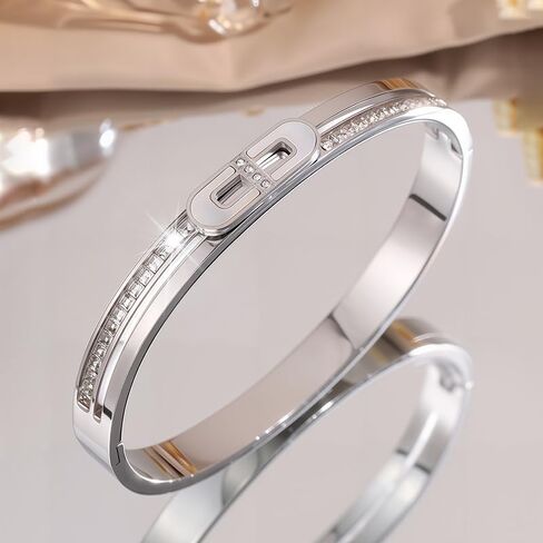 Stainless Steel Lock Buckle Rhinestone Charm Bangle Cuff Bracelets For Women Men Punk Waterproof Jewelry（Silver） in Saudi Arabia