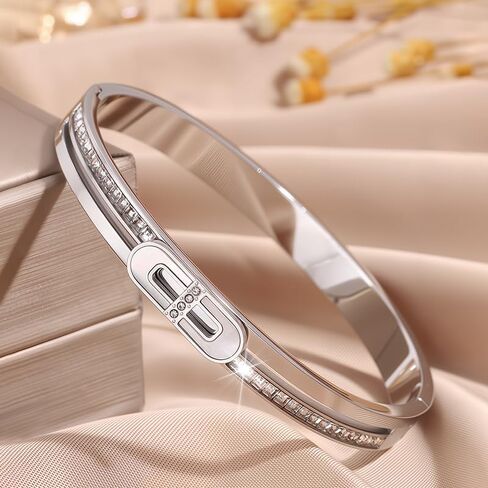 Stainless Steel Lock Buckle Rhinestone Charm Bangle Cuff Bracelets For Women Men Punk Waterproof Jewelry（Silver） in Saudi Arabia