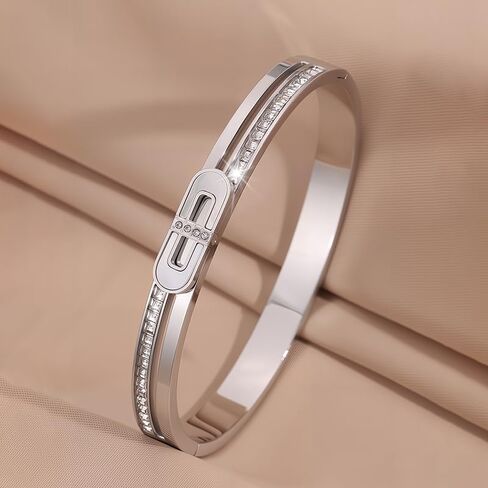 Stainless Steel Lock Buckle Rhinestone Charm Bangle Cuff Bracelets For Women Men Punk Waterproof Jewelry（Silver） in Saudi Arabia