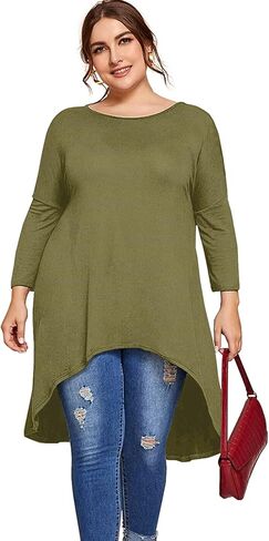 Womens Plus Size Long Sleeve Hi Low Tunic Tops Long Loose Fit Flare Basic Swing Blouse Tops Shirt For Leggings in Saudi Arabia