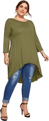 Womens Plus Size Long Sleeve Hi Low Tunic Tops Long Loose Fit Flare Basic Swing Blouse Tops Shirt For Leggings in Saudi Arabia