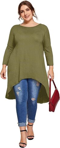 Womens Plus Size Long Sleeve Hi Low Tunic Tops Long Loose Fit Flare Basic Swing Blouse Tops Shirt For Leggings in Saudi Arabia