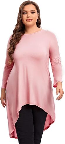 Womens Plus Size Long Sleeve Hi Low Tunic Tops Long Loose Fit Flare Basic Swing Blouse Tops Shirt For Leggings in Saudi Arabia