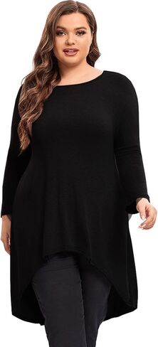 Womens Plus Size Long Sleeve Hi Low Tunic Tops Long Loose Fit Flare Basic Swing Blouse Tops Shirt For Leggings in Saudi Arabia