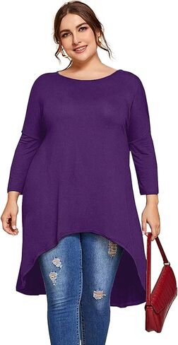 Womens Plus Size Long Sleeve Hi Low Tunic Tops Long Loose Fit Flare Basic Swing Blouse Tops Shirt For Leggings in Saudi Arabia
