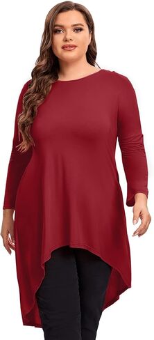 Womens Plus Size Long Sleeve Hi Low Tunic Tops Long Loose Fit Flare Basic Swing Blouse Tops Shirt For Leggings in Saudi Arabia