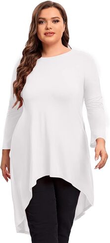 Womens Plus Size Long Sleeve Hi Low Tunic Tops Long Loose Fit Flare Basic Swing Blouse Tops Shirt For Leggings in Saudi Arabia