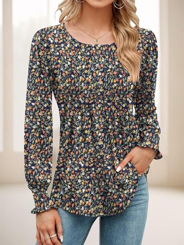 Women's Fall Puff Long Sleeve Tunic Tops Pleated Crew Neck Shirts Blouses Casual Loose T-Shirts in Saudi Arabia