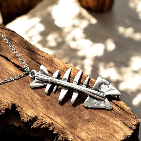 UMBRELLALABORATORY Silver fish skeleton necklace for women fishbone in Kuwait